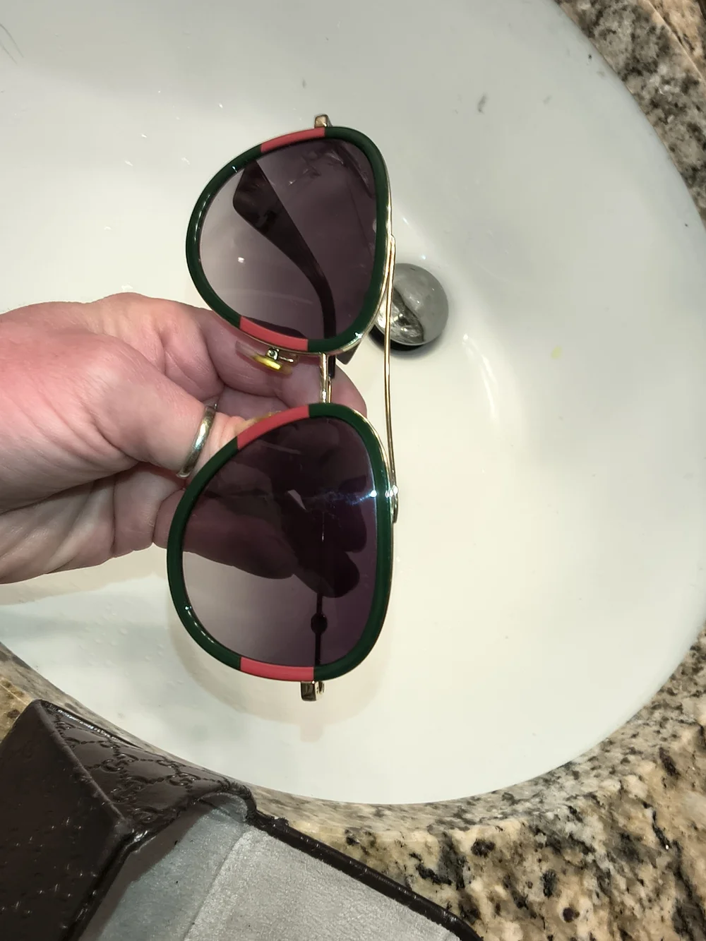 Gucci Green and Red Rim Sunglasses with Dark Lenses